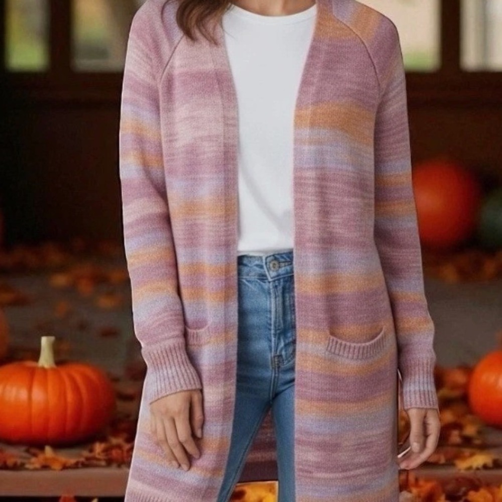 Lucky Brand Striped Open Front Cardigan Sweater Size L/G Pink‎ Orange Purple